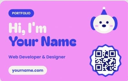 Pink portfolio card with name, role and QR code