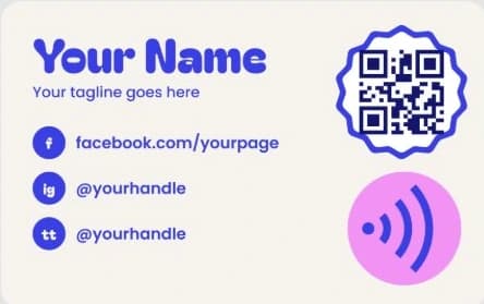 Cream card with name, social handles, QR code and tap symbol